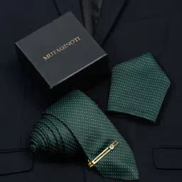 MUTAQINOTI Men Dotted Green Silk Necktie Accessory Gift Set-image-27