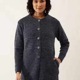 BROOWL Women Navy Blue Woollen Striped Longline Cardigan-image-18