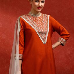Jaipur Kurti Rust Floral Embroidered Round Neck Straight Kurta With Trousers & Dupatta-image-98