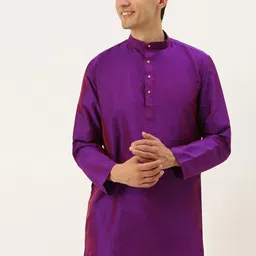 THANGAMAGAN Men Purple Solid Band Collar A-Line Straight Kurta-image-22