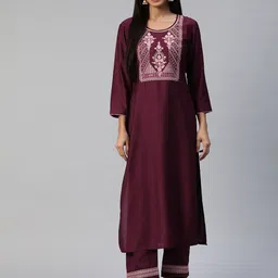 SheWill Women Burgundy Floral Yoke Design Sequinned Kurta with Trousers-picture-48