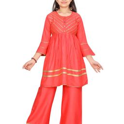 Aarika Girls Coral Pink & Golden Gotta Patti Yoke Design Cotton Kurta with Palazzos-image-74