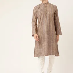 RAJUBHAI HARGOVINDAS Men Taupe Pure Cotton Woven Design Handloom Kurta with Churidar-image-88
