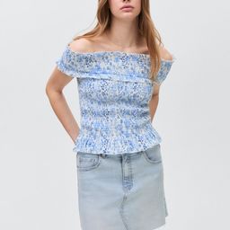 MANGO Conversational Print Off-Shoulder Smocked Detail Pure Cotton Bardot Top-19