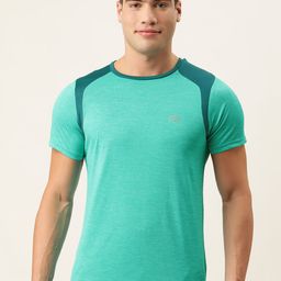 Peter England Men Turquoise Blue Melange Dry Tech Slim Fit T-shirt-image-28