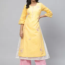 Biba Women Yellow & Off-White Layered Embroidered A-Line Kurta-image-84