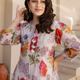 Indo Era Women Floral Printed V-Neck Pure Cotton A-Line Kurta with Trouser-21
