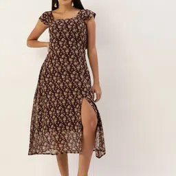 CORSICA Women Floral Print Square Neck Georgette A-Line Midi Dress-image-58