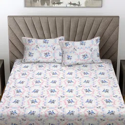 FABINALIV White & Blue Floral Printed 300 TC Double King Bedsheet With 2 Pillow Covers-image-95