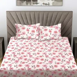 FABINALIV White & Pink Floral Printed 300 TC Double King Bedsheet With 2 Pillow Covers-image-94