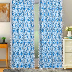 Cortina Blue & White 2 Pcs Floral Printed Room Darkening Cotton Door Curtain-17