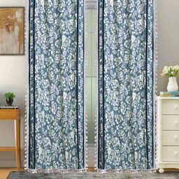 Cortina Blue & White 2 Pcs Floral Printed Room Darkening Cotton Long Door Curtains-52