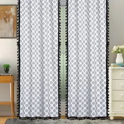 Cortina White & Grey 2 Pcs Floral Printed Room Darkening Long Door Curtains-44