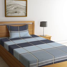 KLOTTHE Blue & Grey Melange Geometric 300 TC Fitted Single Bedsheet with 1 Pillow Cover-image-18