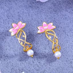 Estele Gold-Plated Floral Enamelled Pearls Drop Earrings-image-82