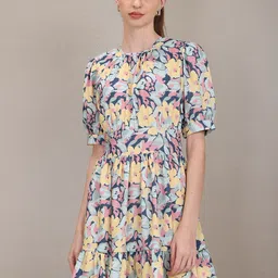 U S Polo Assn Women Blue & Lime-Green Floral A-Line Mini Dress-picture-3