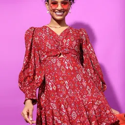 Tokyo Talkies V-Neck Ethnic Motifs Printed Cut Out Mini Fit & Flare Dress-image-59