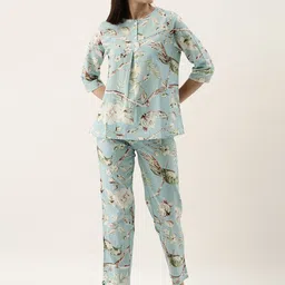 SANSKRUTIHOMES Women Sea Green Pure Cotton Floral Print Pyjama Set-image-50