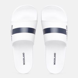 Woodland Men White & Navy Blue Striped & Brand Logo Print Shock-Resistance Sliders-4