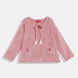 Indo Era Striped Tie-Up Neck Cotton Top-image-99
