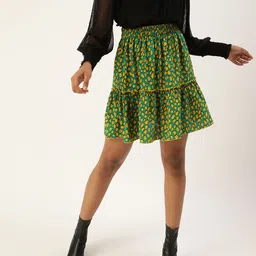 Antheaa Women Teal Green & Yellow Animal Printed Tiered Skirt-16