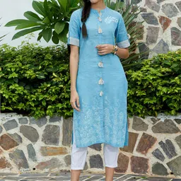 Pannkh Women Blue Self-Design Straight Kurta with Printed Detail-43