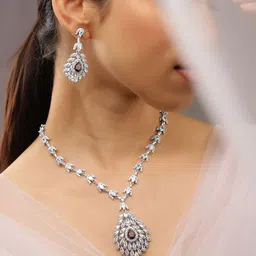 Rubans Rhodium-Plated Amethyst Purple & White Cubic Zirconia Stone Luxe Drop Necklace Set-image-13