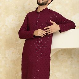 SOJANYA Men Purple Geometric Cold-Shoulder Sleeves Mirror Work Kurta-picture-20