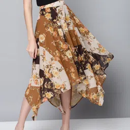 SASSAFRAS Mustard Brown Floral Print A-Line Skirt-picture-25