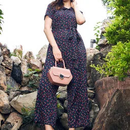 Berrylush Blue Floral Printed Basic Jumpsuit With Waist Tie-ups-picture-5
