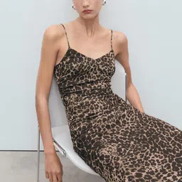 MANGO Animal Print Ruched Bodycon Midi Dress with Slit-picture-34
