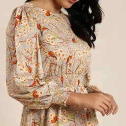 all about you Grey & Orange Floral Printed Gathered Fit and Flare Dress-image-6