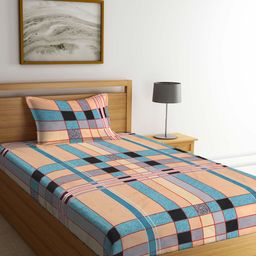 KLOTTHE Blue & Beige Striped 300 TC Single Bedsheet with 1 Pillow Covers-image-56