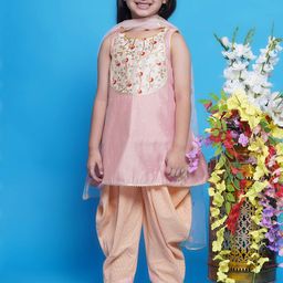 Little Bansi Girls Floral Embroidered A-Line Kurta With Dhoti Pants & Dupatta-picture-48