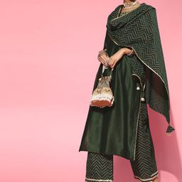 Indo Era Green Liva Calf Length Kurta Set-image-15