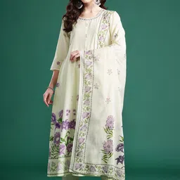 Indo Era Floral Printed Beads & Stones Pure Cotton Kurta With Trousers & Dupatta-3