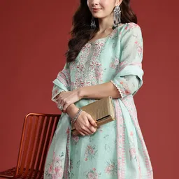 Indo Era Floral Printed Thread Work Linen Kurta with Trousers & With Dupatta-36