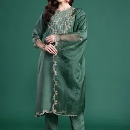 Indo Era Ethnic Motifs Embroidered Zari Liva Kurta With Trousers & Dupatta-picture-18