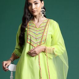 Indo Era Floral Yoke Design Sequinned Liva Kurta With Trousers & Dupatta-image-22