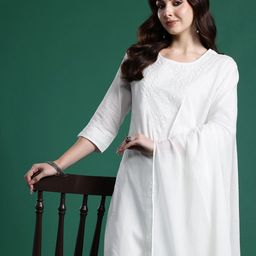 Indo Era Women Floral Embroidered Regular Thread Work Pure Cotton Kurta with Trousers & With Dupatta-picture-26