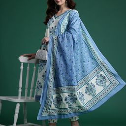 Indo Era Women Floral Printed Regular Pure Cotton Kurta with Trousers & With Dupatta-image-51