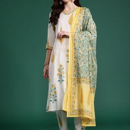 Indo Era Floral Printed Regular Pure Cotton Kurta with Trousers & With Dupatta-57