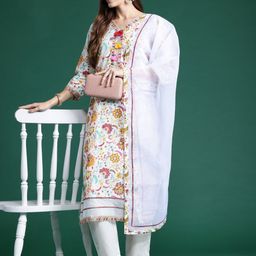 Indo Era Floral Printed Sequinned Pure Cotton Kurta With Trousers & Dupatta-image-15