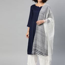 Ives Women Navy Blue & White Pleated Straight Kurta with Palazzos & Dupatta-picture-16