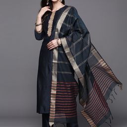 Anouk Women Navy Blue Regular Patchwork Liva Kurta with Palazzos & With Dupatta-image-80