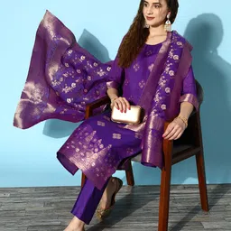 Kvsfab Women Purple Floral Zari Kurta With Trousers & Dupatta-image-53