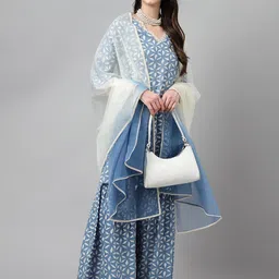 FIORRA Geometric Printed Regular Pure Cotton Kurta With Sharara & With Dupatta-18