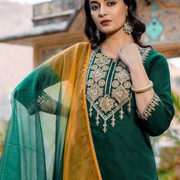 KALINI Floral Yoke Design Sequnnied Straight Kurta With Trousers & Dupatta-picture-38