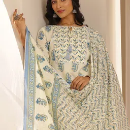 Libas Floral Printed Tie-Up Neck Gotta Patti Kurta With Trousers & Dupatta-image-82