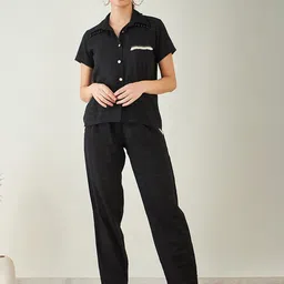 First Resort by Ramola Bachchan Short Sleeves Lace Detail Linen Shirt With Trouser-picture-27